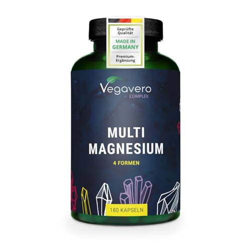 Magnesium Komplex Vegavero | Mit 4 bioaktiven Formen: Bisglycinat, Taurat, Malat & Citrat | 375 mg & elementar | Vegan & Ohne Zusätze | 180 Kapseln