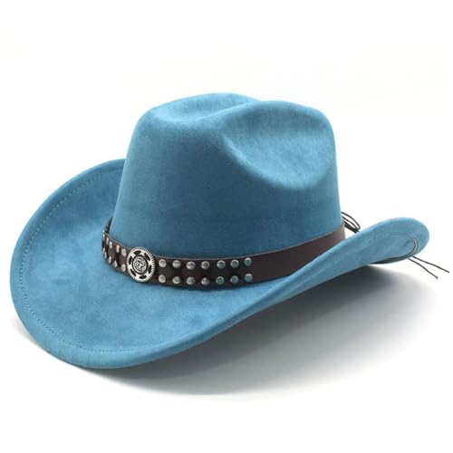 Image of Cowboy Hat for Women Men Wide Brim Western Cowgirl Hat Roll up Brim with Belt Buckle Classic Suede Country Cowboy Hat