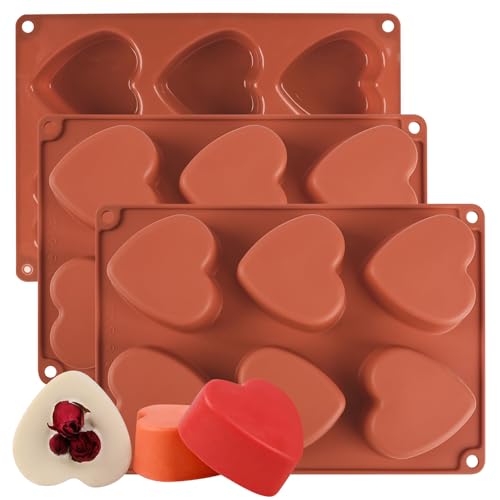 3 Pcs Heart Silicone Mould, 6-Cavity Love Heart Shaped Shape Chocolate Mould, Reusable Love Dessert Moulds Cake Tin for Baking DIY Chocolate, Handmade Soap, Pudding, Cheesecake, Brownie, Ice Cube
