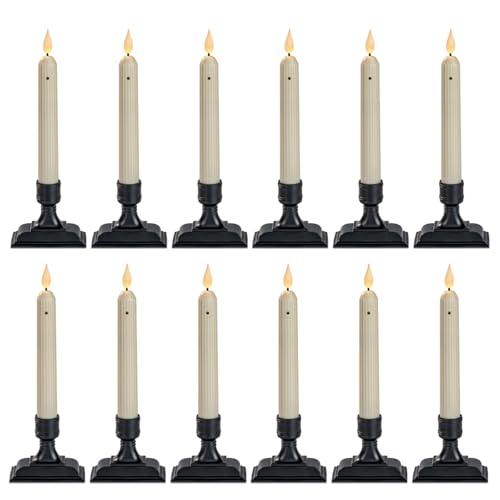 Homemory 12 Pcs Window Candles with Sensor Dusk to Dawn Ivory Electric Window Candle Flickering Christmas Fake Candles Battery Operated Led Candlesticks with Black Holders for Xmas Holiday Decor