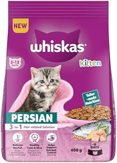 Whiskas Persian Kitten (2-12 Months) Dry Cat Food, 400 g, 100% Complete & Balanced Tailor Made Nutrition, Reduces Hairfall, for Healthy Coat & Skin