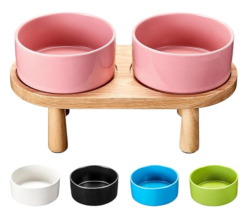MOPANG Ciotole Rialzate in Ceramica per Cani di Taglia Grande, Set di Ciotole per Cibo e Acqua, Ciotole Rialzate per Cani con Supporto in Legno, 1800 ml, Bianco AvorioRosso Salmone