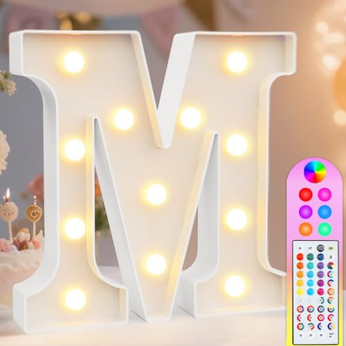 Image of Pooqla Colorful Light Up Letters with Remote, Upgraded 35 Colors LED Marquee Letters, RGB Lighted Letter for Girls Teenager Gift Birthday Party Valentines Day Decorations Gift for Him Her, Letter M