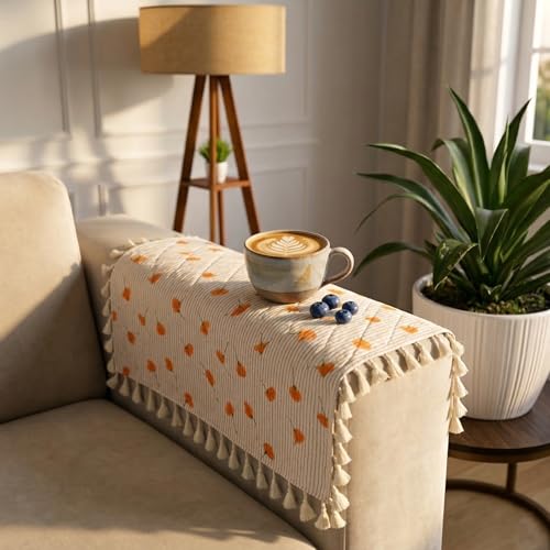 Image of STITCHNEST Printed Quilted Sofa Arm Cover with Tassels | Stylish Hand Rest Protector | Soft & Durable | 18 x 22 Inches