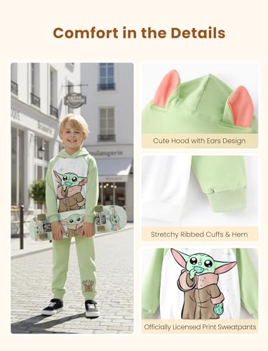 Disney Baby Boys' 2 Piece Hooded Top Sweatshirt & Jogger Set Toddler Yoda Cosplay Costume Boy Pant Sets Long Sleeve Pullover Hoodie Sweatsuits Top & Pants Winter Light Green Outfits Set Size 2 Years - image 3