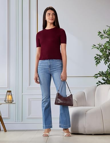 Image of Gap Women Solid Fitted Short Sleeves Round Neck Blouse