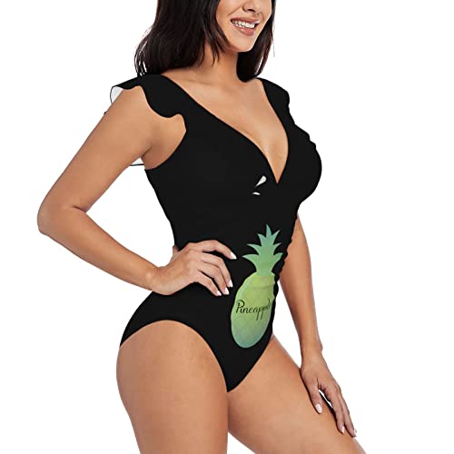 Pineapple Women's Ruffle Straps One-Piece Swimsuit Halter High Waist With Bottom X-Large #TOP2