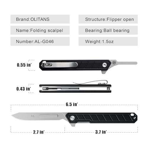 Image of OLITANS G046 Mecha Mini Slim Folding Scalpel with 5pcs #24 and 5pcs #60 G10 Handle with Liner Lock, Utility EDC Pocket Knife with Back Clip(Black)