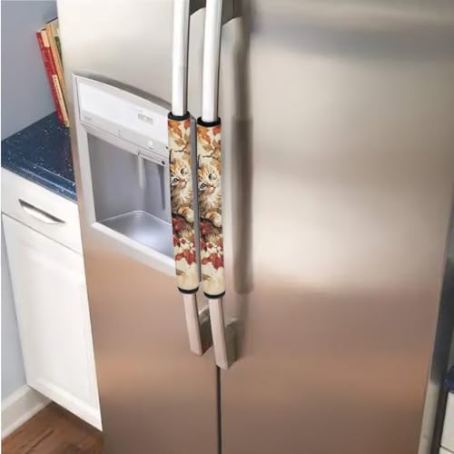 Image of Fridge Door Handle Covers Set of 6 Kitchen Appliance Decor Handles Glove Anti-Slip Protectors Washable Fabric Refrigerator Decor Accessories, Cute Cat Fall Leaf Beige Autumn Decor