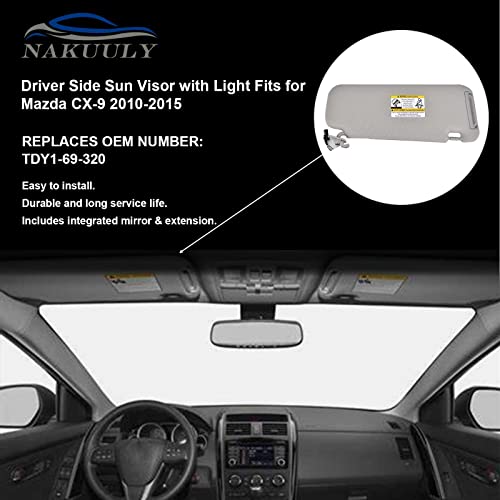 Nakuuly Left Driver Side Sun Visor with Mirror Light Compatible with Mazda CX-9 2010-2015 Replaces TDY1-69-320, TD11-69-320C-75, TD11-69-320D-75 Gray - Thumbnail 2