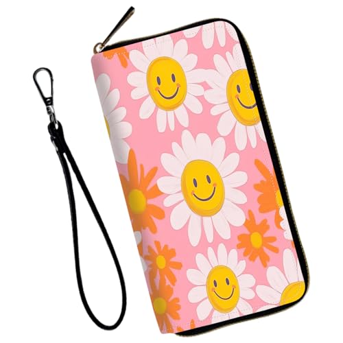 Wristlet Wallet for Women Teen Girls Womens Wallet RFID Blocking Credit Card Holder with Removable Wristlet,Leather Phone Wallet Clutch Large Capacity Ladies Travel Purs,Pink Sunflowers