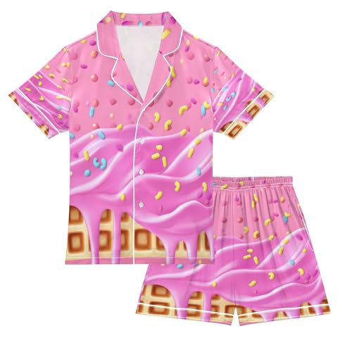 ALAZA Hipster Ice Cream Waffle Satin Pajamas Set Short Sleeve Button Down Sleepwear Summer Pjs 2 Piece