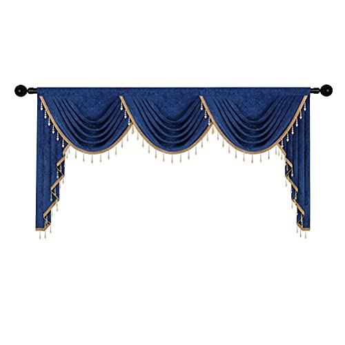Elkca Thick Chenille Window Curtains Valance For Living Room Royal Blue Swag Valance With Beads For Bedroom,Rod Pocket (W79Inch,1 Panel) #TOP5