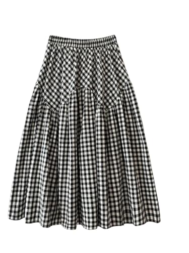 Women's Vintage Plaid High-Waisted Slim A-Line Skirt Patchwork Loose Long Skirts