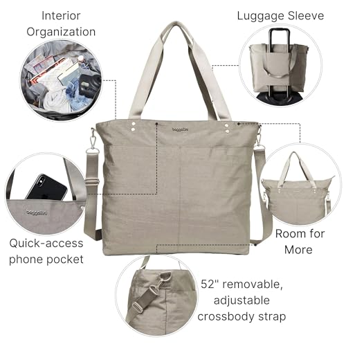Image of Baggallini Carryall Tote - Lightweight Nylon Zipper Top Weekender Travel Beach Bag w /Luggage Sleeve