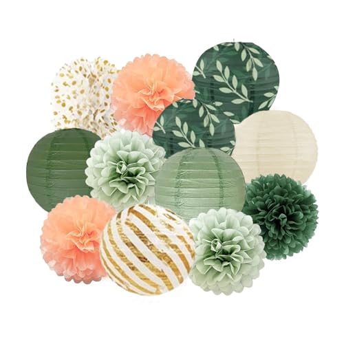 Ferizzia 12 Piezas Decoracion Cumpleaños Verde Salvia, Farolillos de Papel, Pompones de Papel Verde Salvia y Dorado, Decoraciones de boda, para Boda, Cumpleaños, Compromiso, Fiestas en el Jardín