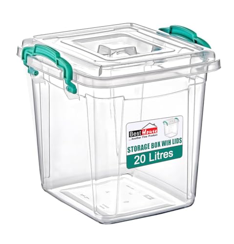 Best House | Plastic Storage Box with Clips & Lids | Size: 20L (L:31.8cm W:31.5cm H:35.7cm) | Set of 1 | Square Shape | Stackable Clear Durable Multipurpose Office Home Kitchen Tools (MEDIUM Size)