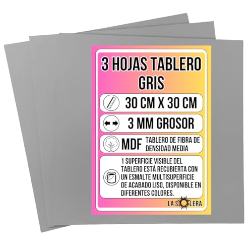 LA SOLERA Pack 3 Hojas Tablero MDF GRIS | 300 x 300 x 3 mm | Tablero de Fibra de Densidad Media | Manualidades | Pirograbado | Corte Laser | Modelado | Tabla Madera | Corte Limpio Sierra