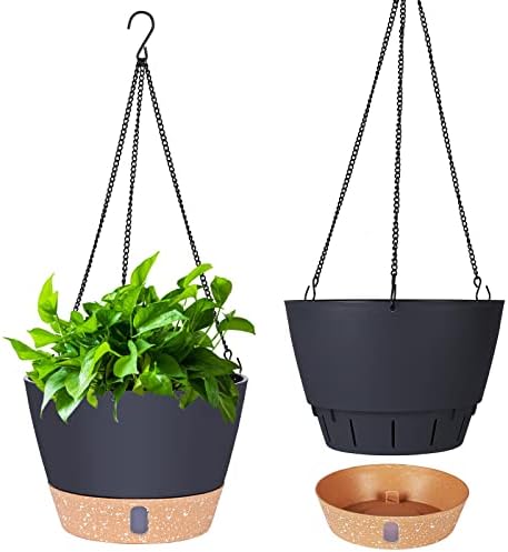 CHINGLAK 2PCS 10Inch Hanging Planters for Plants Indoor Outdoor, Plant Flower Pot with Visible Water Level Tray Drainage Hole, Self Watering Planters Come with 2 Hooks Garden Home