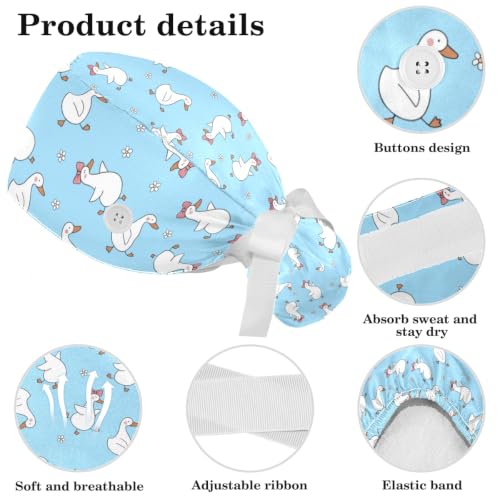 Image of Butterfly Scrub Cap Women with Ponytail & Buttons Adjustable Surgical Nurse Hat with Cotton Sweatband for Long Hair