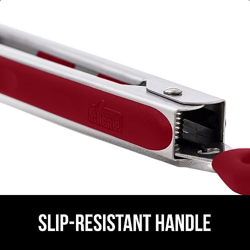 Image of GORILLA GRIP Stainless Steel Heat Resistant Kitchen Tongs for Cooking, 9 + 12 Inch, Set of 2 BBQ Tong, Non Scratch Silicone Tip for Pan, Strong Grip, Grab Food, Toss Salad, Air Fryer, Pull Lock, Red