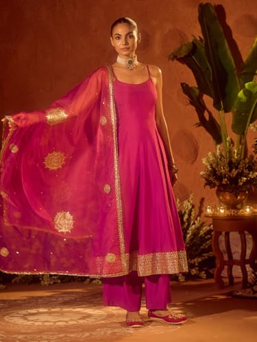 Image of FIORRA Women's Pink Viscose Chanderi Embroidered & Gota Patti Work Ethnic A-Line Kurta Set with Dupatta