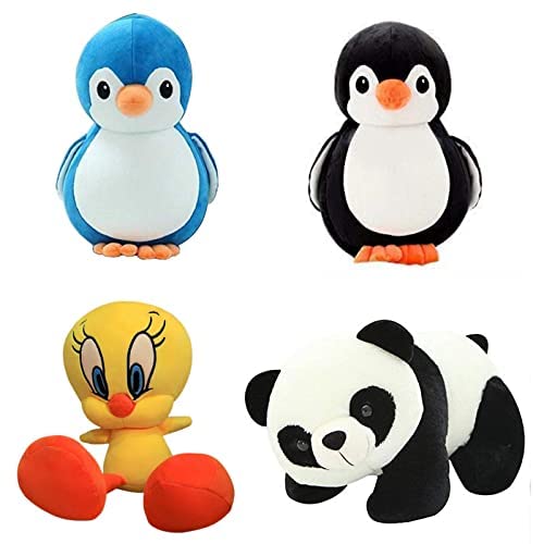Image of HUG 'n' FEEL SOFT TOYS Cute Soft Toy Combo Pack of 4 - Small Panda, Tweety Bird, Black Penguin & Blue Penguin Plush Toys | Mini Stuffed Animals for Kids, Gift Set for Birthday & Return Gifts
