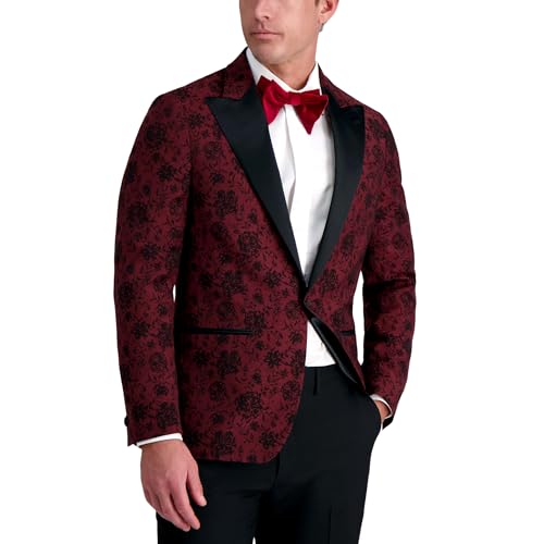 J.M. Haggar Men's Slim Fit Pattern Peak Lapel Tuxedo Dinner Jacket, Floral Burgundy