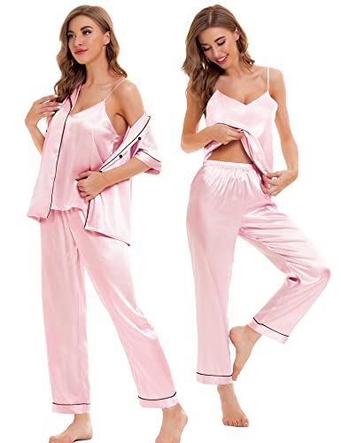 Image of SWOMOG Womens Silk Satin Pajamas Sets 4pcs Sleepwear Sexy Cami Shorts Set and Button Down Short Sleeve Pjs Loungewear