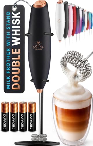 Image of Zulay Kitchen Powerful Milk Frother Wand With Duracell Batteries - Ultra Fast Handheld Drink Mixer - Electric Whisk Foam Maker for Coffee, Lattes, Cappuccino & Matcha - Double Whisk - Black Copper