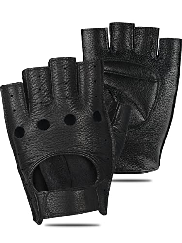Image of GSG Men's Fingerless Leather Driving Gloves, Half Finger, lambskin | Half Finger Design, Breathable Comfort,Driving, Motorcycle Riding, Racing, Cycling, Daily Wear