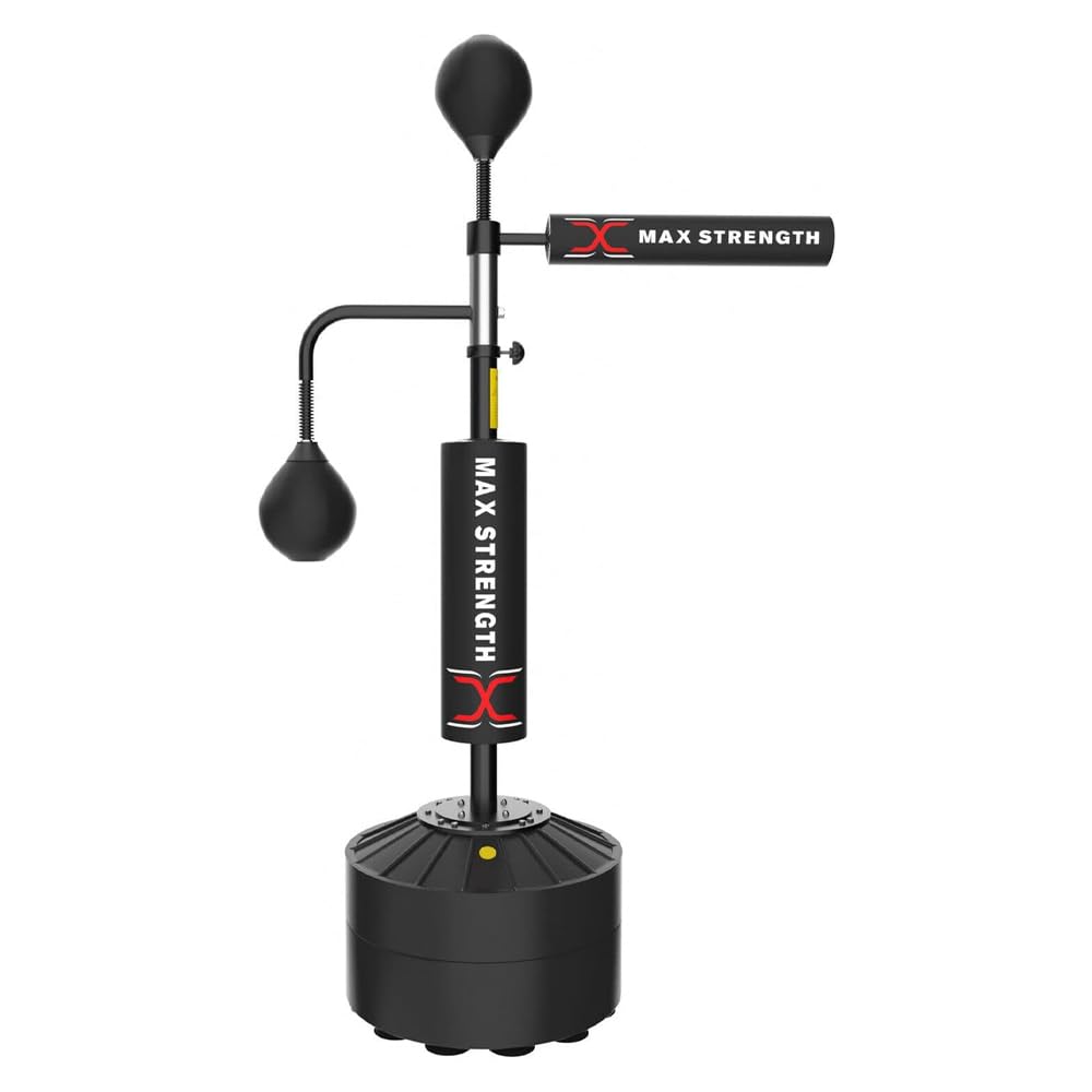 MAXSTRENGTH 3-in-1 Freestanding Boxing Punching Bag Stand with 2 Speed Balls, 360° Relax Bar, PU-Wrapped Bag & Waterable Base, Adjustable Height Spinning Bar for MMA Training (Black)