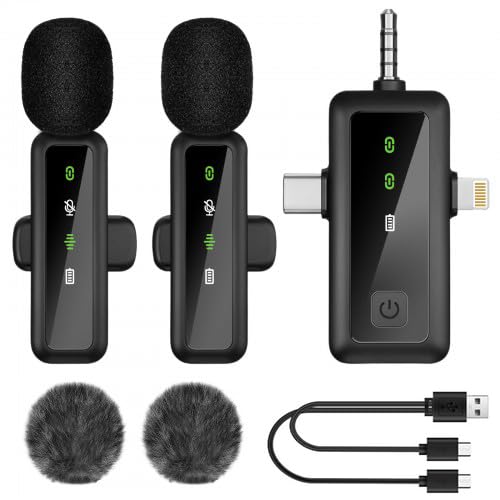 3 in 1 Mini Microfono per Smartphone Pc Fotocamere, Microfono Lavalier Wireless Bluetooth senza Fili con Cavo Ricarica Type-C, Riduzione del Rumore, Plug-Play, per Podcast Video Live Intervista Gaming