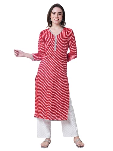Image of YUVVIK Women's Cotton Lehariya Print Straight Kurti | Stylish Long Ethnic Kurta for Daily Pure Cotton Calf-Length Kurta for Women & Girls
