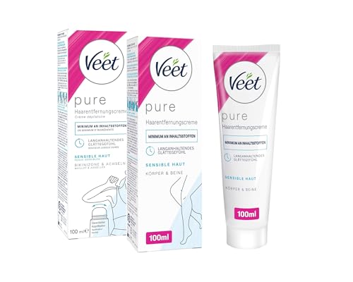 Veet Haarentfernungscreme für sensible Haut – 2x 100 ml – Für Bikinizone, Achseln & Körper – Mit gewölbtem Applikator & Spatel – Sanfte Enthaarung
