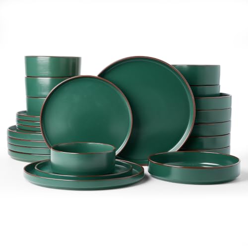 Image of Famiware Nebula Ridge 24-Piece Dinnerware Set with Pasta Bowls, Dark Green