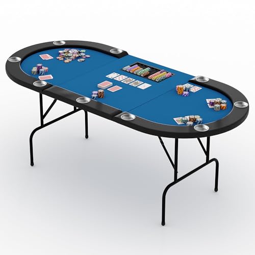IDEALHOUSE Oval Poker Table with Collapsible Legs 10 Player Blackjack Gaming Table Casino Leisure Table with Water-Resistant Cushioned Rail and Stainless Steel Cup Holders Blue