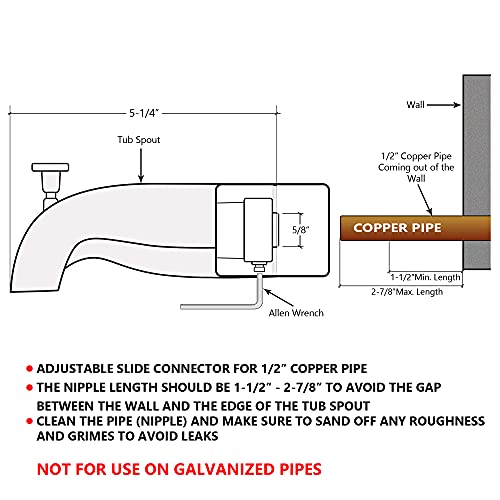 Bathtub And Shower Spout With Front Diverter For 1/2 Inch Copper Pipe, Faucet With Adjustable Slide Connector For 1/2 Inch Copper Pipe Nipple, 5-1/4 Inch Length, Polished Chrome #TOP1