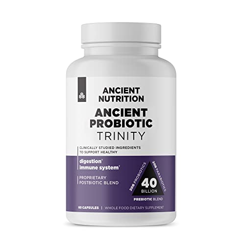 Ancient Probiotic Trinity by Ancient Nutrition, Probiotics for Digestive Health, 40 Billion Blend of Prebiotics, Probiotics, Postbiotics, and Parabiotics Reduces Occasional Bloating, 60 Ct