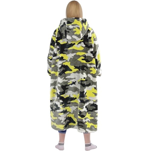Image of Waitu Wearable Blanket Sweatshirt Gifts for Women and Men, Warm and Cozy Giant Blanket Hoodie, Thick Flannel Blanket with Sleeves and Giant Pocket - Yellow Camo