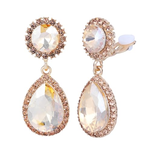 Elegant Crystal Teardrop Dangle Drop Clip on Earrings for Women (Champagne) - image 1