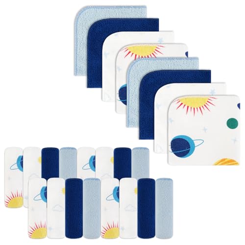 Image of softan Baby Washcloths, 24Pack Baby Wash Cloths Extra Soft & Ultra Absorbent, Baby Towels Face Towel Unisex for Boys Girls Face & Body, Washclothes Gentle on Sensitive Skin, 9''x 9''Blue Planet