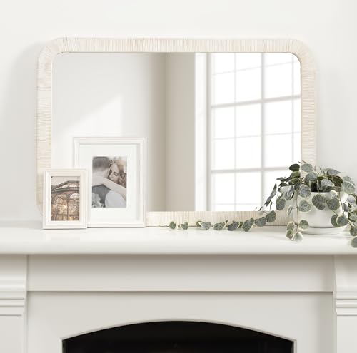Kate and Laurel Rahfy Boho Rectangle Rattan Mirror; 24 x 36; White; Decorative Rounded Rectangular Wall Mirror with Authentic Rattan Frame for Vanity Bathroom Mirror - Image 7