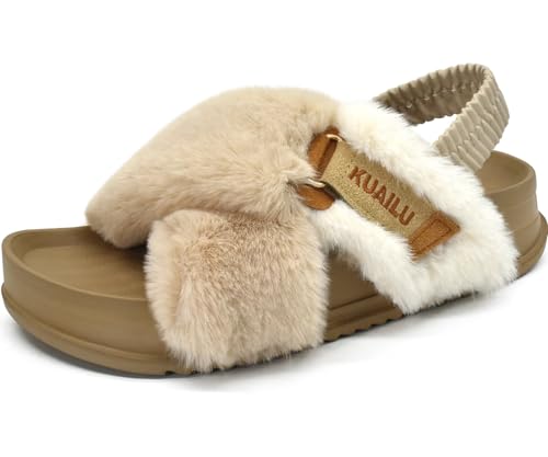 KuaiLu Womens Fuzzy Criss Cross Band Platform Slippers Arch Support Furry Faux Fur Ladies Open Toe Cozy Soft Plush Fleece Comfy House Shoes Sandals