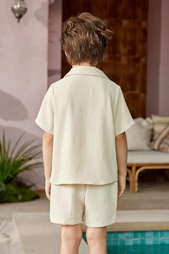 Image of Arshiner Boy's Button Down Shirt and Shorts Set Summer Short Sleeve Children Two Pieces Casual Outfits Beige 5-6Years
