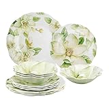 UPware 12 Piece Magnolia Melamine Dinnerware Sets, Outdoor Dishes Set, Plates and Bowls Sets, Service for 4, Green