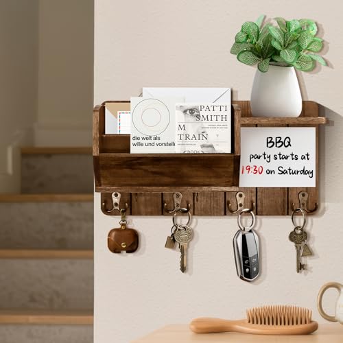 Wall Mounted Mail With message board and Holder Holder Wooden Key, With 4 Double Hook And a storage board, Key holder for wall, Country retro home decor, For living room and foyer storage(Wood brown) - Image 3