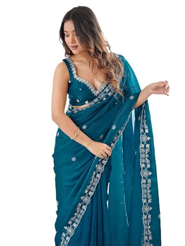Image of Satrani Women's Tissue Silk Scalloped Border Sequins Embroidery Saree with Unstitched Blouse Piece