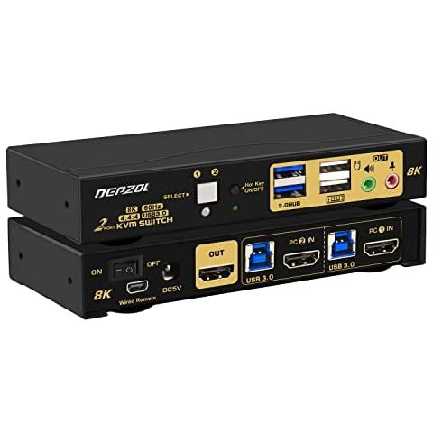 KVM Switch HDMI 2.1 8K@60Hz 4K@120Hz/144Hz, Depzol HDMI KVM Switch 2 Port USB 3.0 for 2 Computers Sharing Keyboard, Mouse and 1 Monitor, with Cables and Audio Support (62HUA-4) Cover