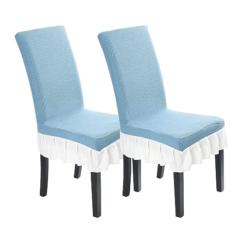 Dining Chair Slipcover Stretch Chair Covers for Dining Room Set of 2 Washable Kitchen Chair Cover with Skirt for Home Party (Blue & White, 2PC)